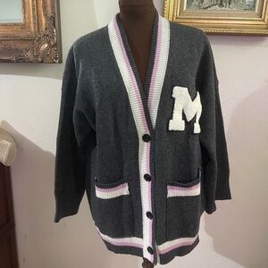 MAJE Charcoal Gray College Cardigan M %70 Wool %30 Cashmere